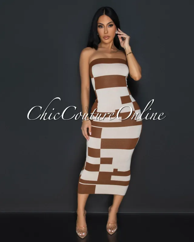 Noelani Brown Beige Geometric Print Tube Midi Dress sold by Chic Couture