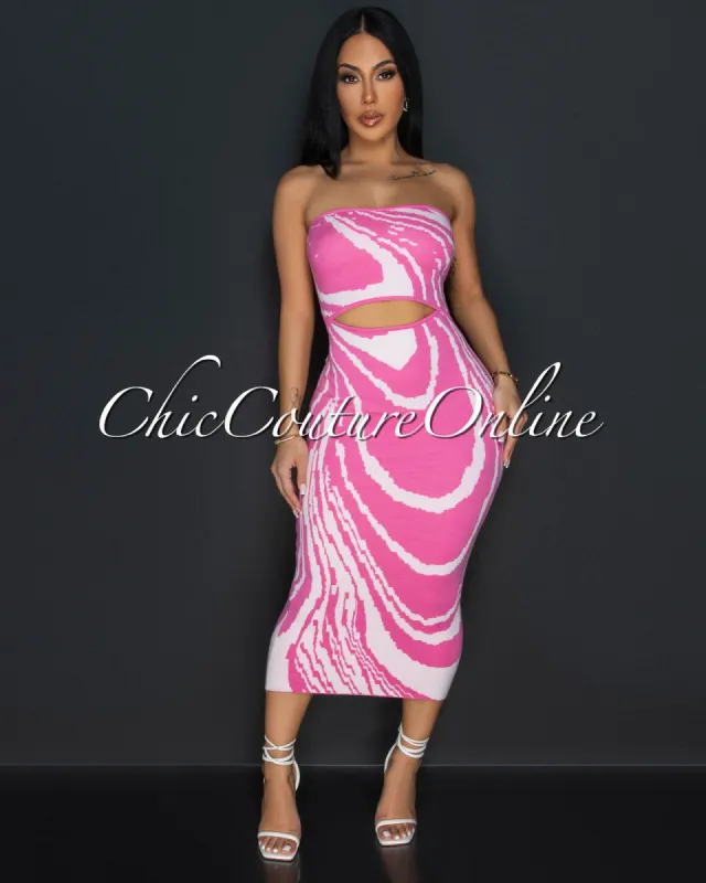 Valonia Pink White Print Cut-Out Tube Midi Dress sold by Chic Couture
