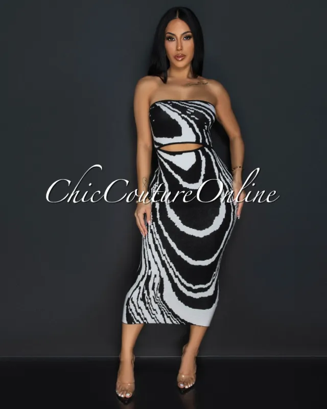 Valonia Black White Print Cut-Out Tube Midi Dress sold by Chic Couture
