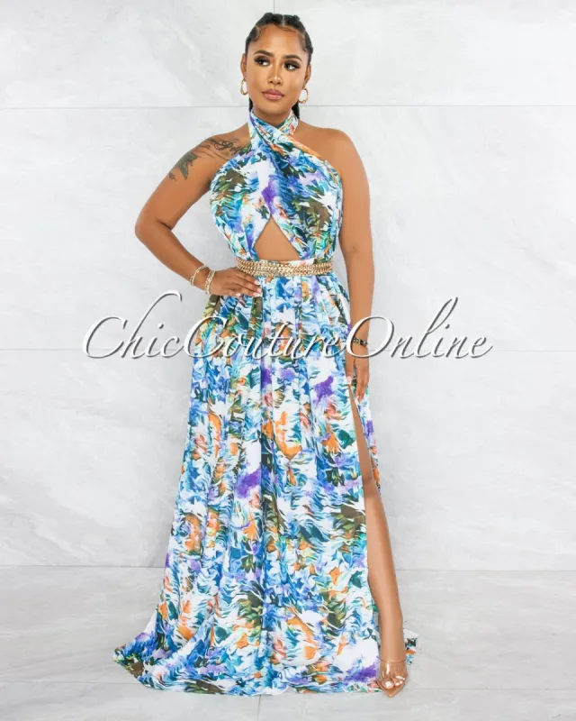 Migdana White Blue Print Halter Gold Link Belt Dress sold by chic