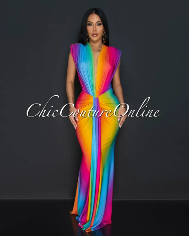 Amadi Watercolor Sleeveless Deep V  Neck Maxi Dress sold by Chic Couture