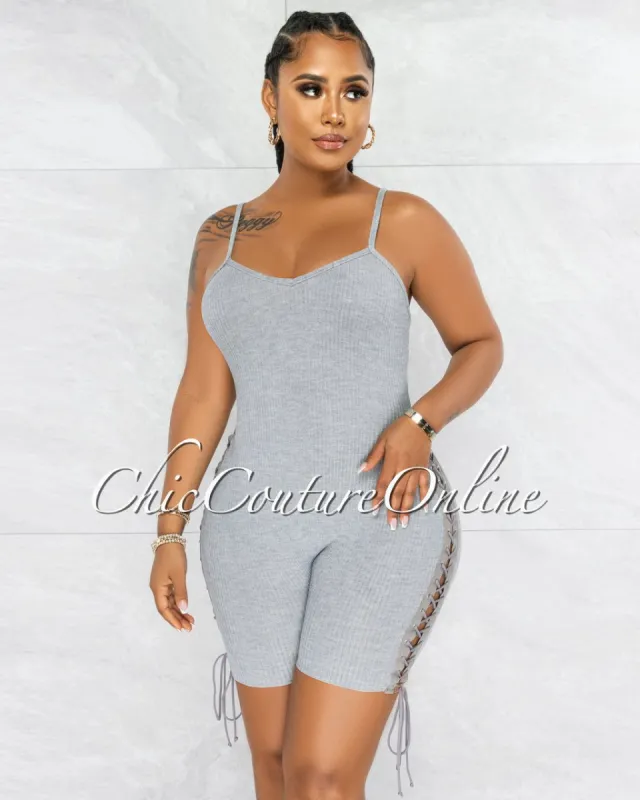 Larmine Grey Ribbed Lace-Up Sides Romper sold by Chic Couture