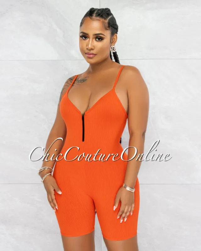 Jerram Orange Ribbed Front Zipper Romper sold by Chic Couture