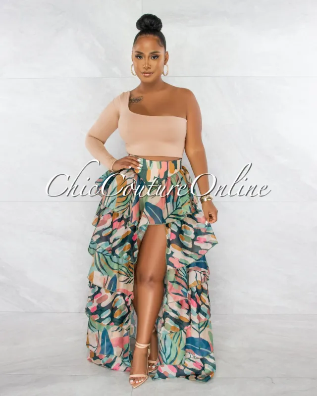 Berti Nude Multi-Color Print Ruffled Tiered Maxi Bodysuit Skirt sold by Chic Couture