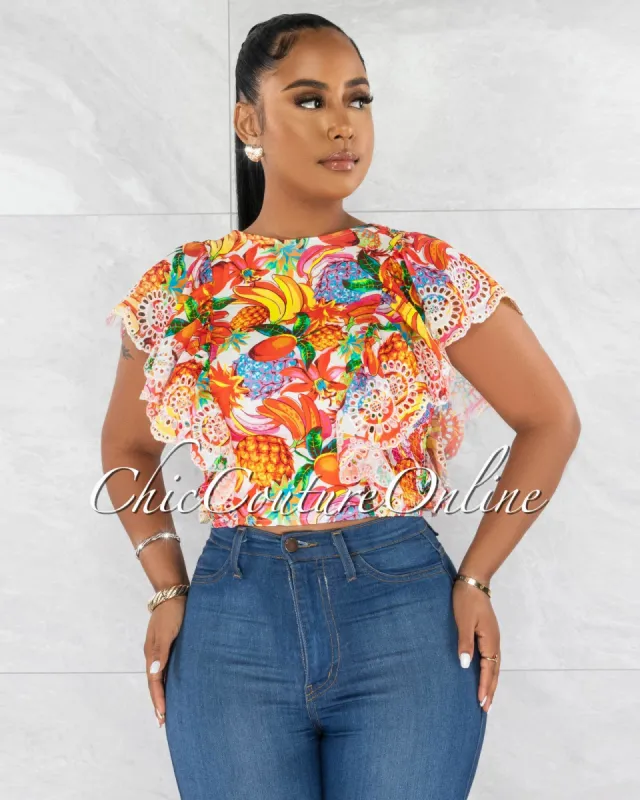Sevilla Orange Tropical Print Ruffle Eyelet Crop Top made by Chic Couture
