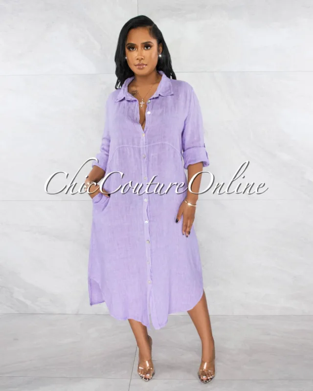 Ransley Lilac Front Buttons Shirt LINEN Maxi Dress sold by chic