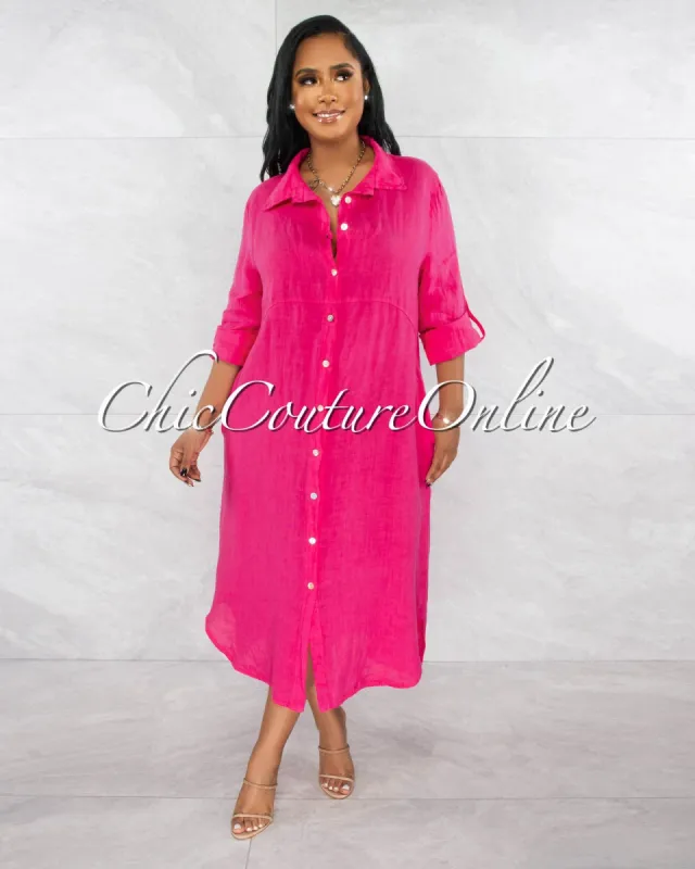 Ransley Fuchsia Front Buttons Shirt LINEN Maxi Dress sold by chic