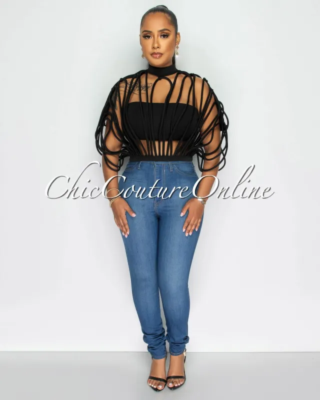 Lanora Black Strappy Crop Ponti Top sold by Chic Couture