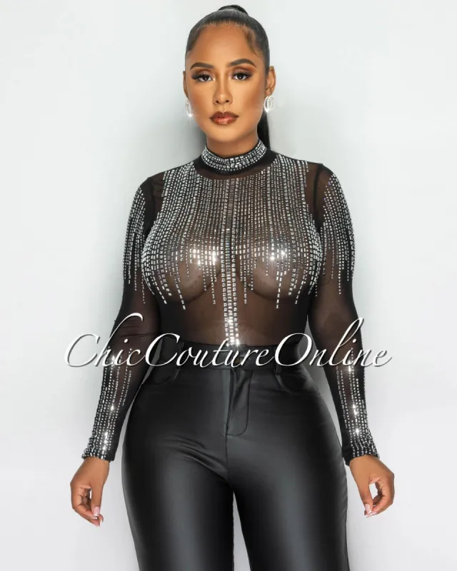 Fuller Black Silver Rhinestones Mesh Sheer Bodysuit sold by Chic Couture