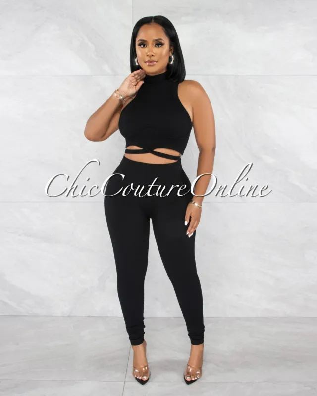 Gania Black Ribbed Tie Top & Leggings Sculpting Set sold by chic