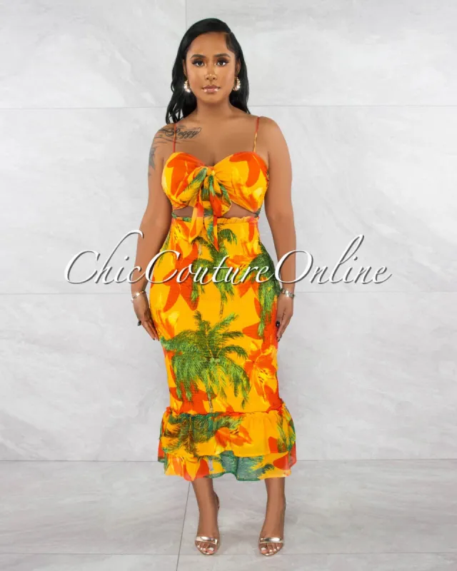 Timber Yellow Floral Print Smocked Ruffle Hem Maxi Dress sold by chic