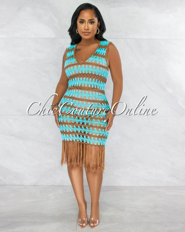 *Merecia Turquoise Mocha Crochet Cover-Up Midi Dress sold by chic