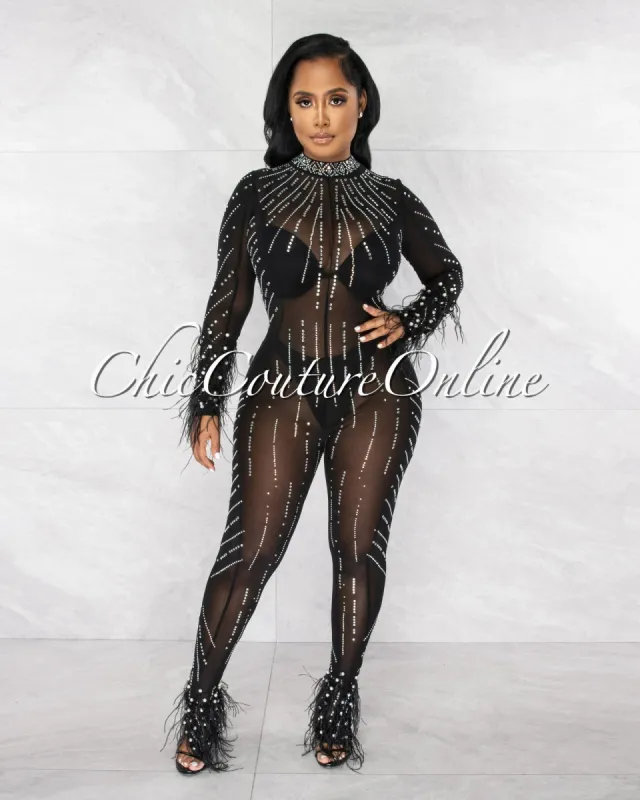 Fannie Black Silver Rhinestones Feather & Pearl Mesh Sheer Jumpsuit sold by Chic Couture