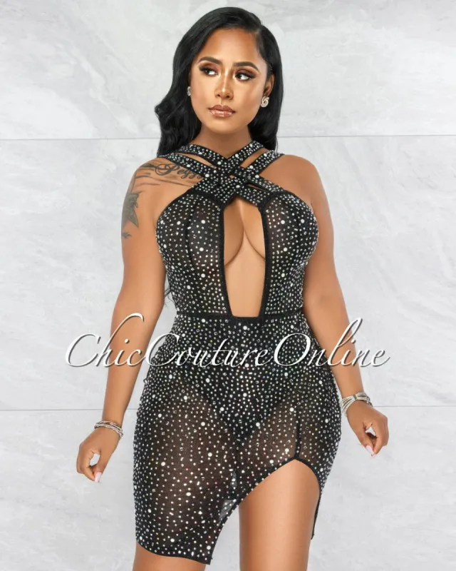 *Hamidi Black Rhinestones & Pearls Mesh Criss-Cross Dress sold by chic
