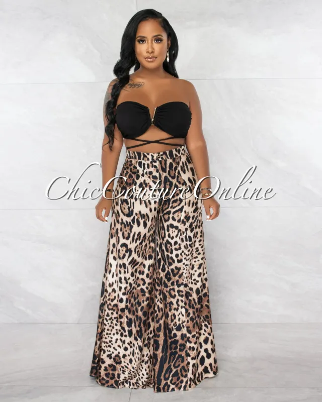 *Verna Black Gold Accent Top & Leopard Wide Pants Set sold by Chic Couture