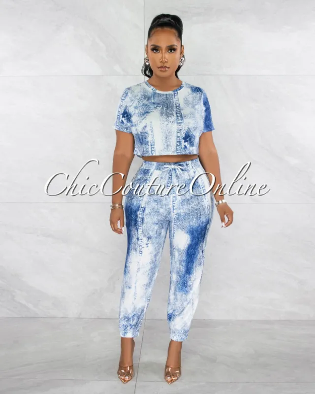 *Marina White Blue Denim Print Crop Top & Joggers Set sold by Chic Couture