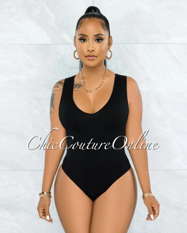 Busie Black V-Neck Ribbed Body-Con Bodysuit sold by Chic Couture