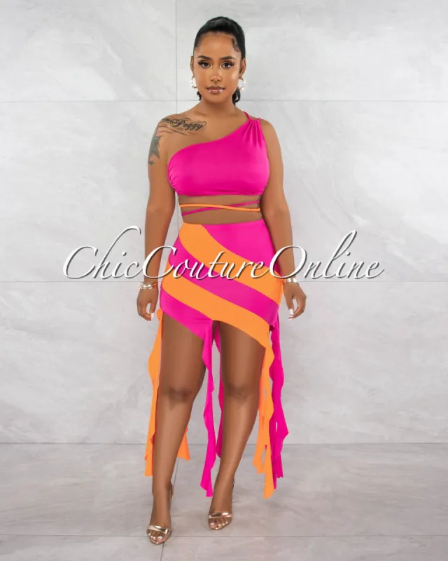 Landry Fuchsia Crop Top & Orange Stripes Ruffle Straps Skirt Set sold by chic