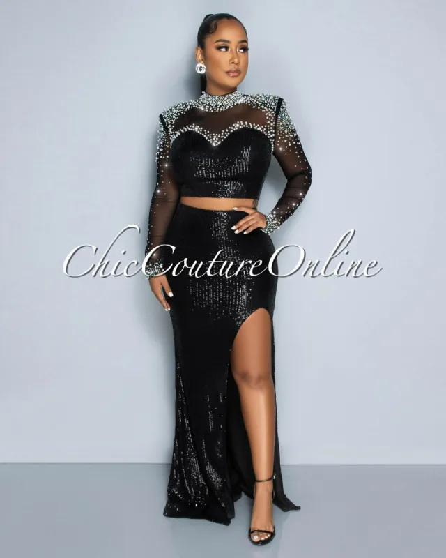 Bandia Black Rhinestones & Pearls Mesh Crop Top & Maxi Skirt Set sold by Chic Couture