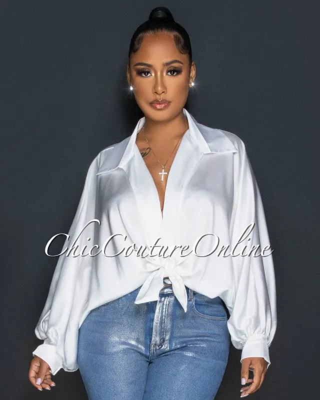 Pilar Off-White Wide Sleeves Silky Blouse sold by Chic Couture