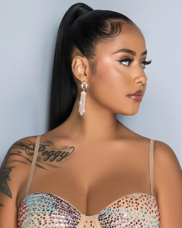 Khloe Gold Clear Rhinestone Baguette Stud And Fringe Dangle Earrings sold by Chic Couture