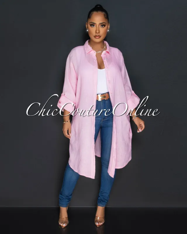 Cheyenne Baby Pink Front Buttons Shirt LINEN Midi Dress sold by Chic Couture