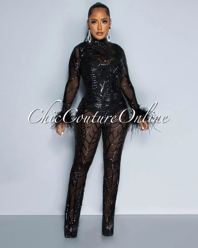 Sierra Black Sequins Feather Cuffs Mesh Jumpsuit sold by Chic Couture