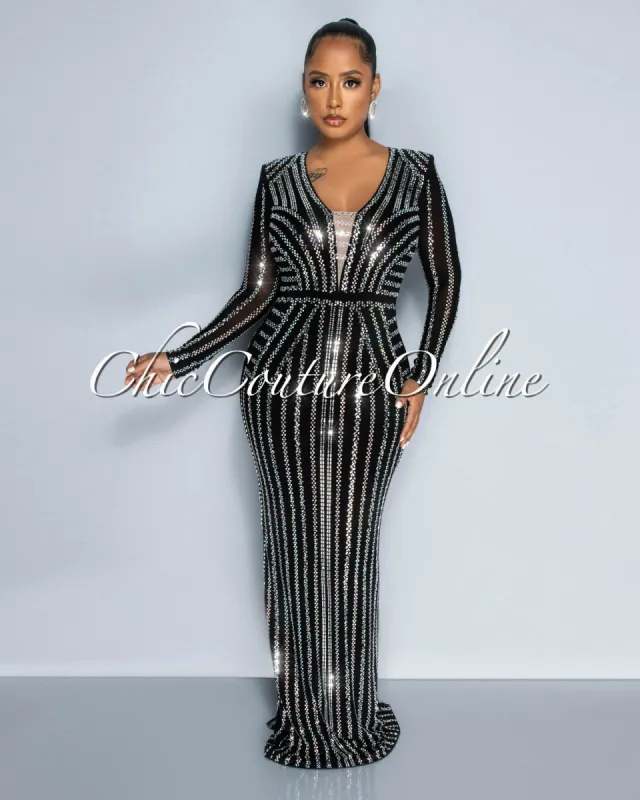Demetria Black Silver Rhinestones Maxi Dress sold by Chic Couture