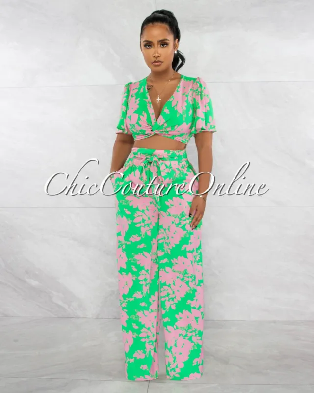 Barcelo Green Pink Print Crop Top & Wide Pants Set sold by chic