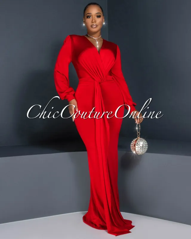 Martina Red Plunging Neckline Draped Maxi Dress sold by Chic Couture