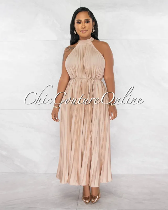 *Nicia Champagne Halter Pleated Silky Maxi Dress sold by chic
