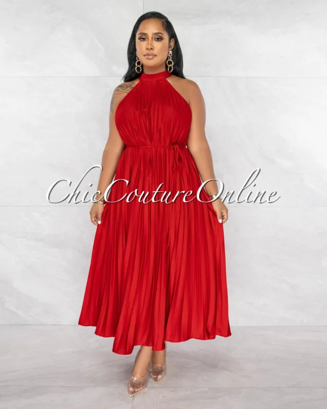 Nicia Red Halter Pleated Silky Maxi Dress sold by chic
