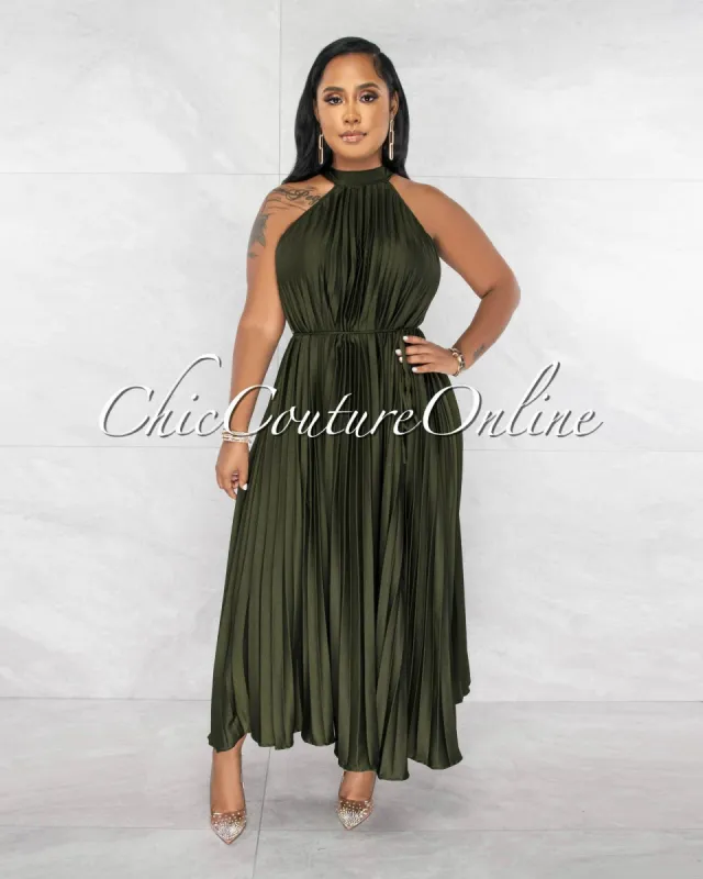 *Nicia Hunter Green Halter Pleated Silky Maxi Dress sold by chic