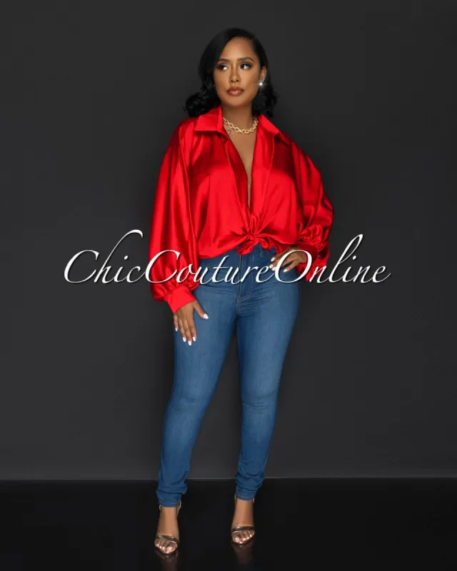 Pilar Red Wide Sleeves Silky Blouse sold by Chic Couture