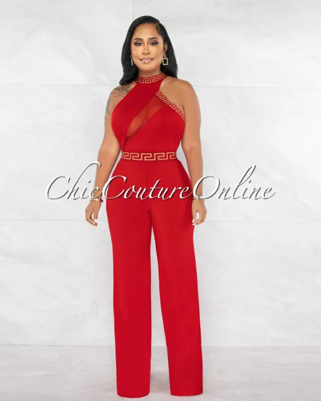 Munazza Red Nude Fret Trim Mesh Bust Accent Jumpsuit sold by chic