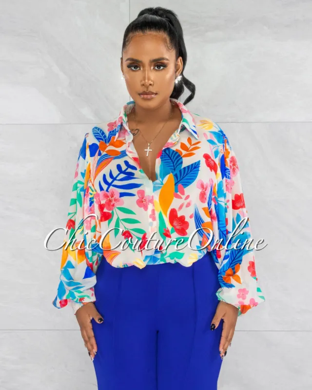 *Mollie White Multi-Color Floral Print Buttoned Blouse sold by Chic Couture