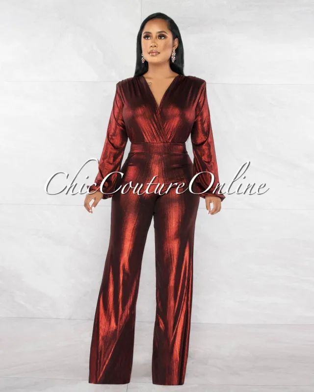 *Delicia Black Burgundy Shimmer Jumpsuit sold by Chic Couture