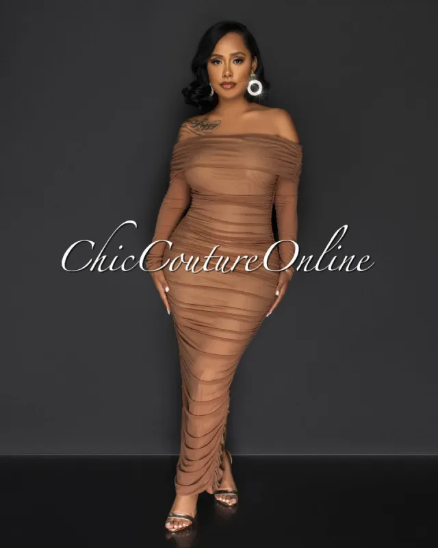 Radiel Brown Nude Illusion Mesh Draped Maxi Dress sold by Chic Couture