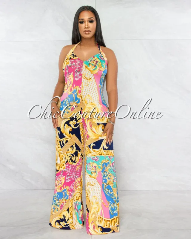 Semada Multi-Color Print Halter Wide Jumpsuit sold by chic