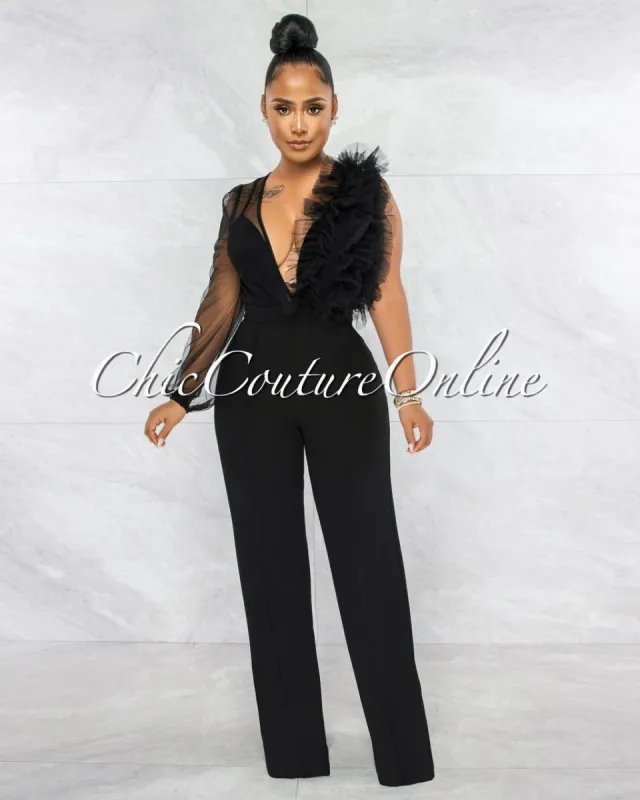 Ronila Black Dramatic Ruffle Tulle Single Sleeve Jumpsuit sold by chic