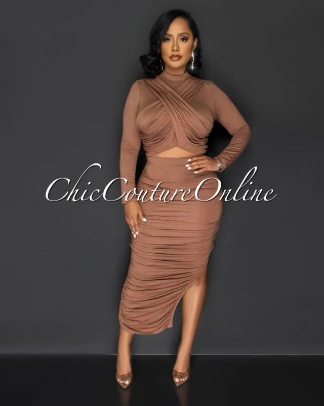 Morah Brown Draped Crop Top & Draped Maxi Skirt Set sold by Chic Couture
