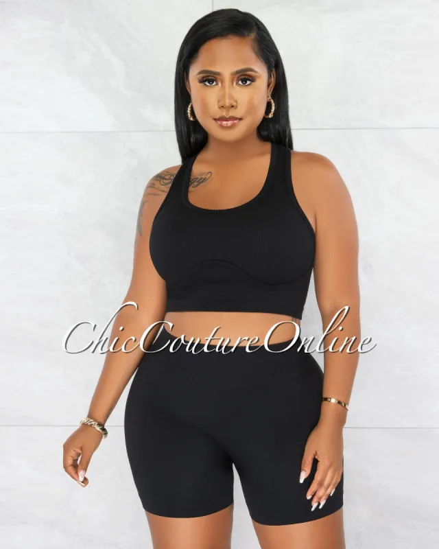 Xenia Black Crop Top & Shorts Ribbed Set sold by chic