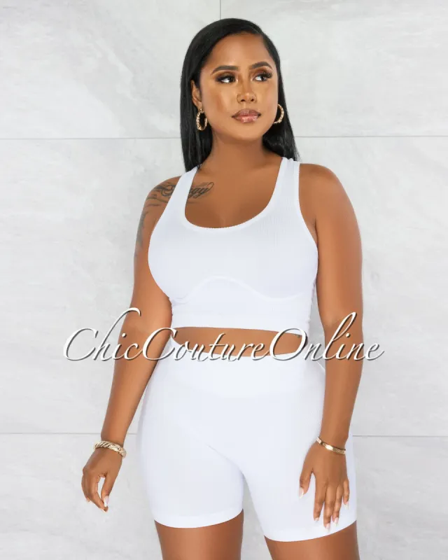 Xenia White Crop Top & Shorts Ribbed Set sold by Chic Couture