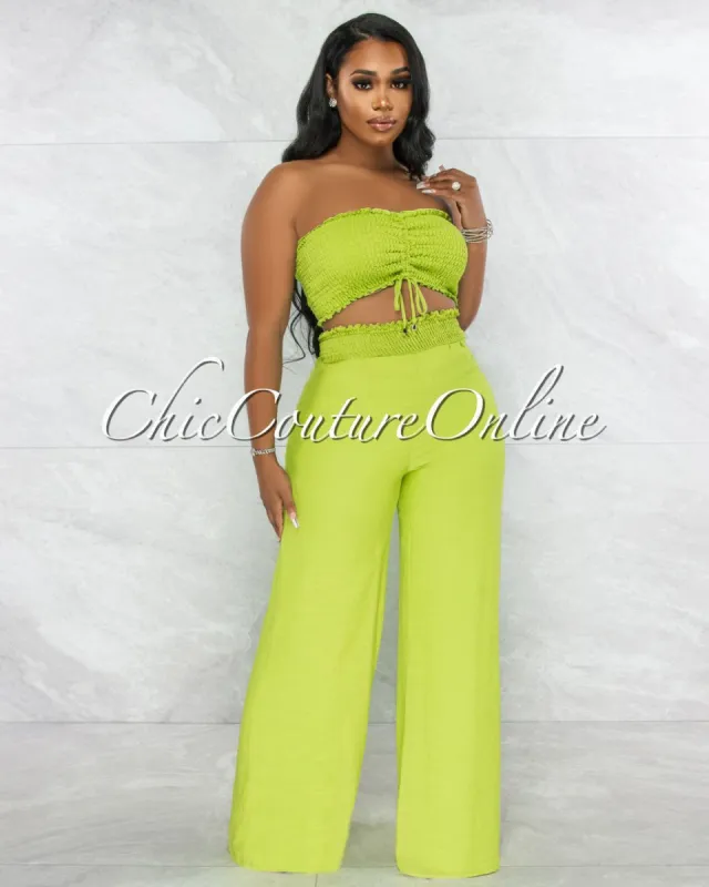 Cason Lime Smocked Ruched Top & Wide Pants Set sold by chic
