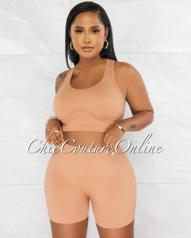 Xenia Nude Crop Top & Shorts Ribbed Set sold by Chic Couture