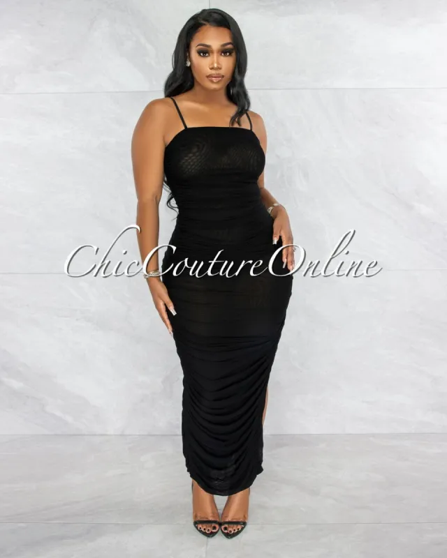 Camilo Black Mesh Ruched Sheer Maxi Dress sold by Chic Couture