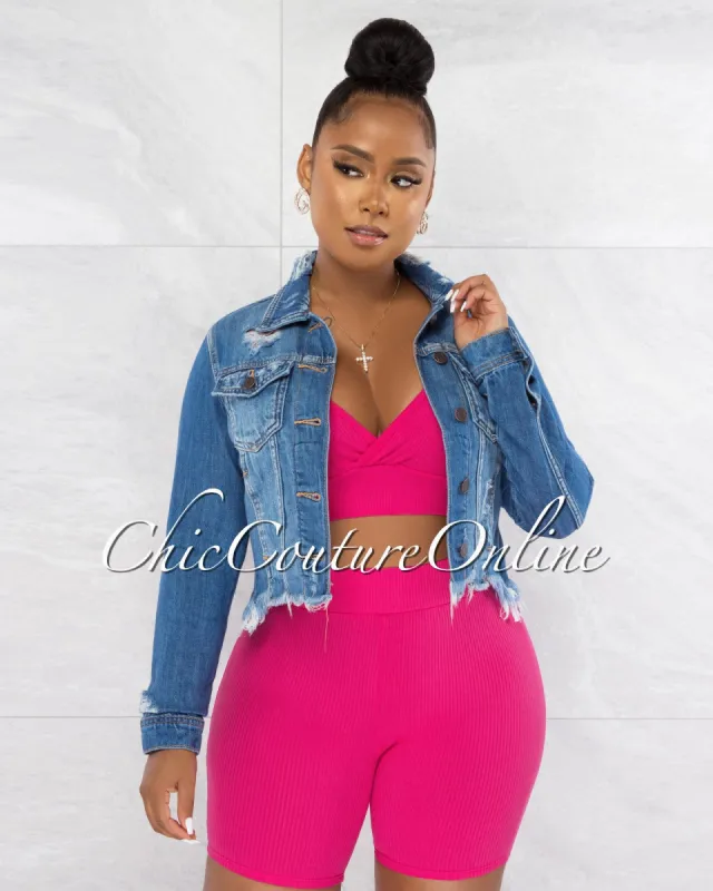 *Daniza Medium Denim Distressed Details Crop Jacket sold by Chic Couture