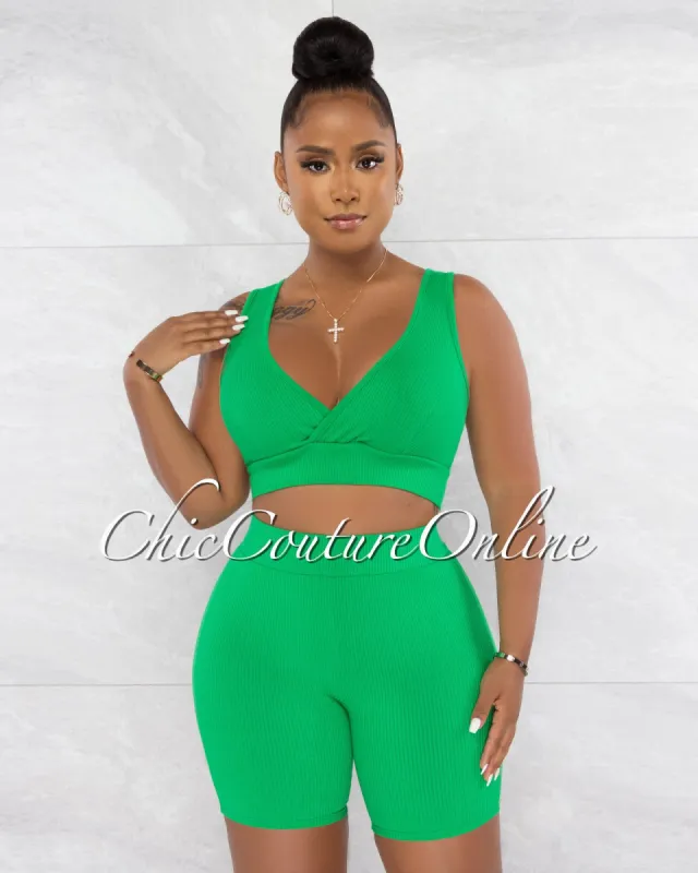*Jadal Green Crop Top & Bike Shorts Ribbed Set sold by Chic Couture