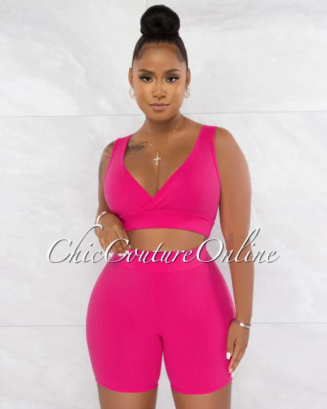Jadal Fuchsia Crop Top & Bike Shorts Ribbed Set sold by chic