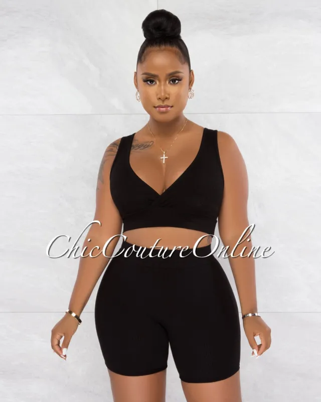 Jadal Black Crop Top & Bike Shorts Ribbed Set sold by chic